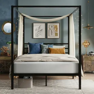 - Full/Queen Size Allewie Black Canopy Bed, 4-Post Metal Frame, Metal Slats Support (5.4" Spacing), No Box Spring Needed, Noise-Free, Easy Assembly for Bedroom