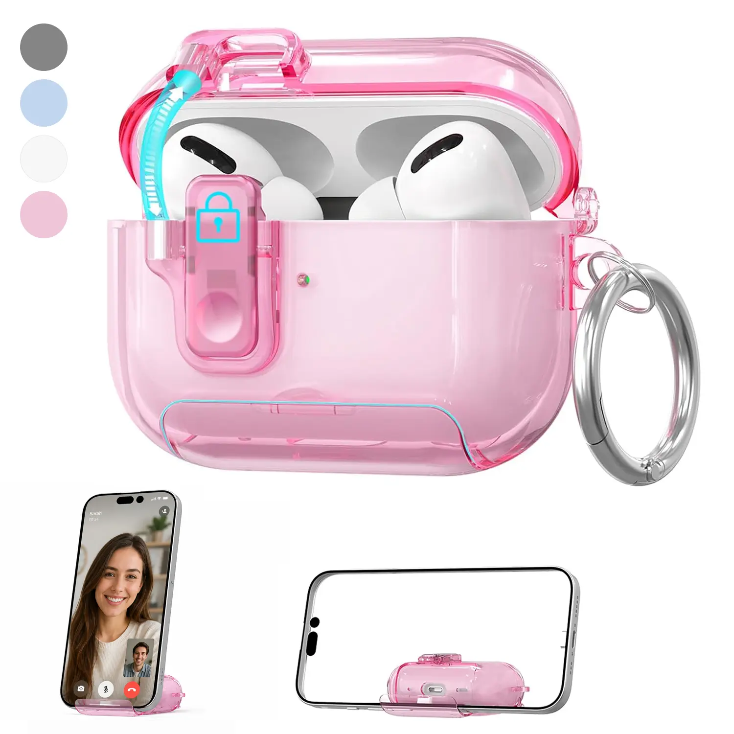 for AirPods 4 Pro 3 Pro 2 Clear Case Spring Lock Keychain Ring Protective Shockproof Case with Cleaner Kit for Girls Women