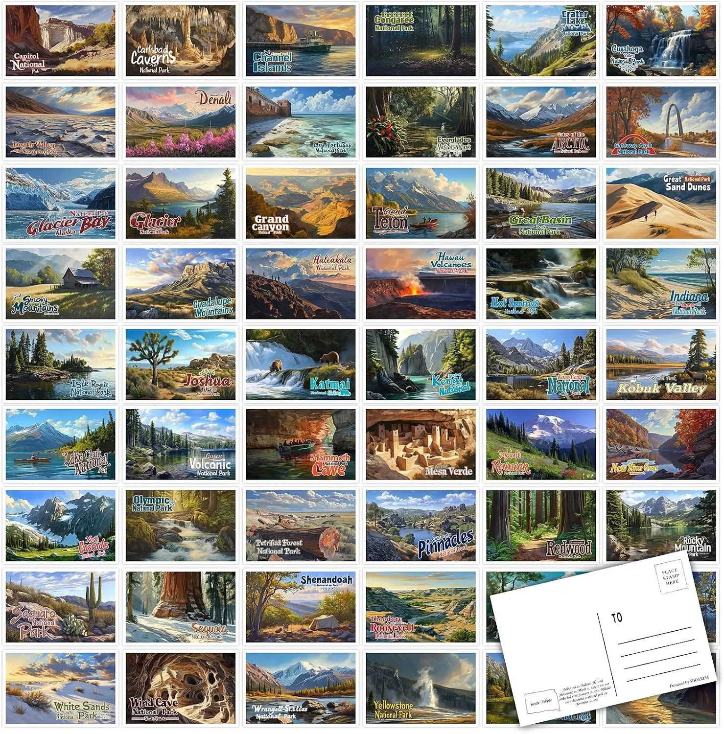 63pcs U.S. Parks Themed Rectangular Paper Cards Set Pack - 4"x6" National Park Travel Landscape Postcards with Mailing Side, Home Supplies Decor Gift