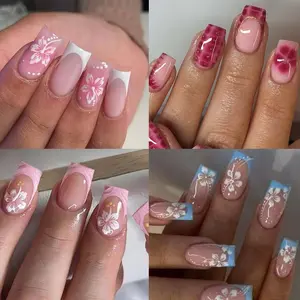 Spring Summer Essential Multicolor French Floral Print Glossy Women's Nail Art, Detachable Nails, 96pcs Square Press-On Nails, Includes Jelly Glue and File