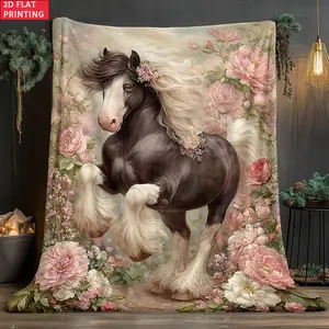 1pc Horse Amidst Pink Blossoms HD 2D Flat Printed Flannel Blanket Soft Warm for Travel Camping Sofa Bed  Gift for Family Friends