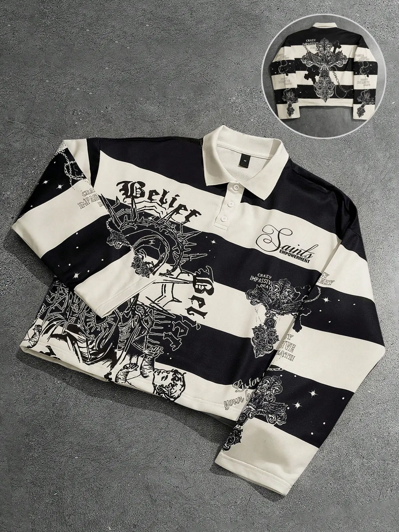 Striped polo collar long sleeved T-shirt for men, featuring Sacred Heart of Jesus and Virgin Mary prints, Unisex European American street fashion casual wear, Street style, Menswear, Casual polo shirts