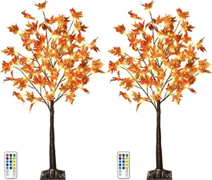 2-Pack 4ft Plastic Lighted Maple Tree, Fall Thanksgiving Harvest Decor with 6 Acorns, 120 Leaves, Remote 8 Flashing Modes, Timing, DC 5V Safety, Indoor Outdoor Room Use