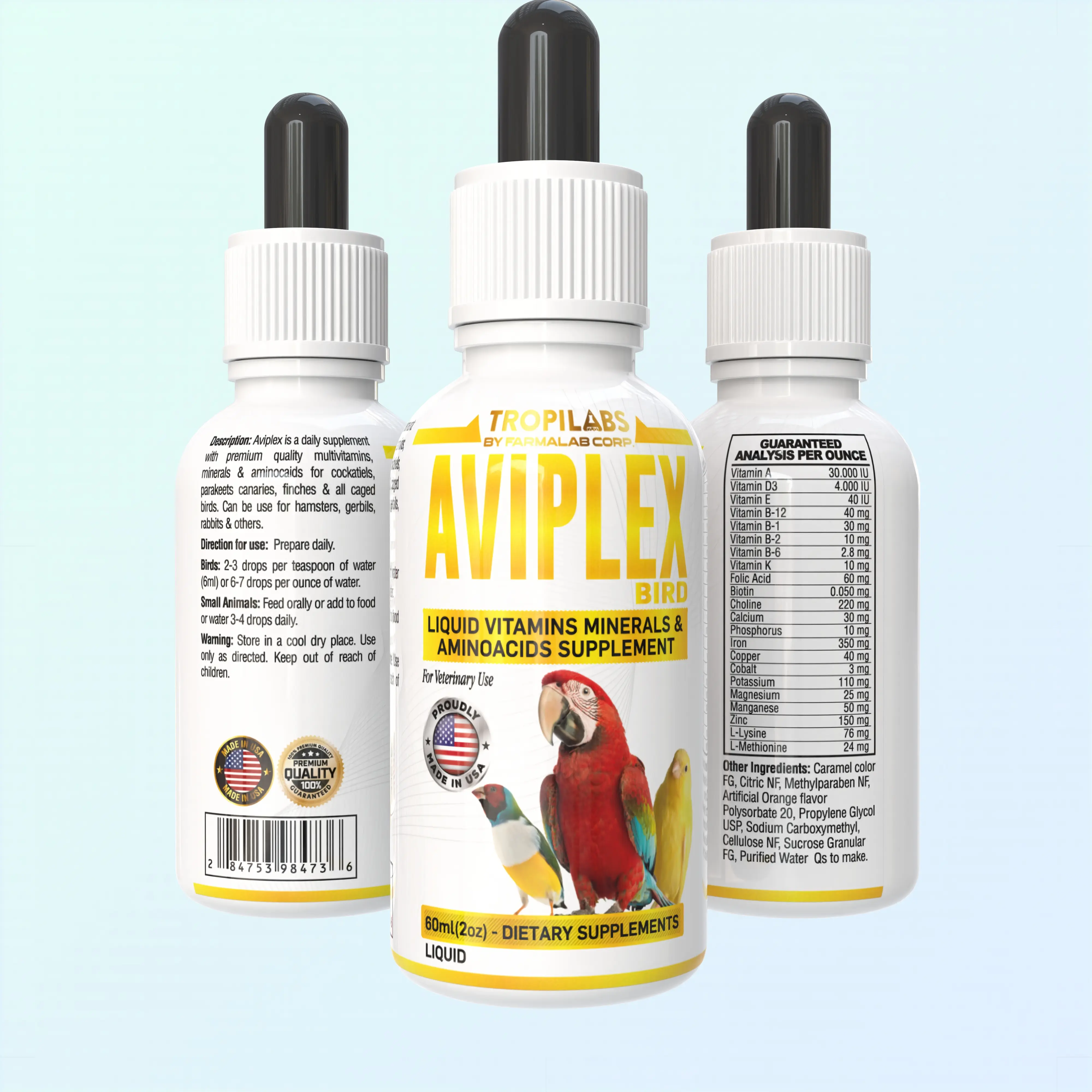 FARMALAB Aviplex Premium Quality Liquid Multivitamin Supplement - 60ml Formula with Minerals + Amino Acids, Feeding Aid for Bird & Hamster Use, Immune Booster for Pet Healthcare