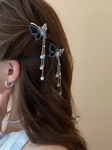 Butterfly pearl, semi transparent spliced tassel hair clip 2-piece set, elegant and fresh women's accessory, perfect for special occasions, stylish and durable design