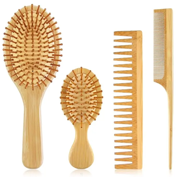4-Piece Bamboo Hair Brush Set – Wide-Tooth, Tail Comb & Paddle Detangling Brushes for Women, Men, & Kids