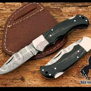Handmade Damascus Pocket Folding Knife Gife for Husband , Boyfriend,Anniversary, Buffalo Horn Handle with Leather Sheath.