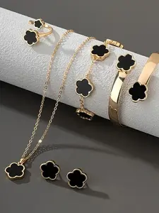 6-Piece Matching Jewelry Set Lucky Four-Leaf Clover Design Bracelet Necklace Earrings Bangle Ring Perfect Gift Idea for All Occasions