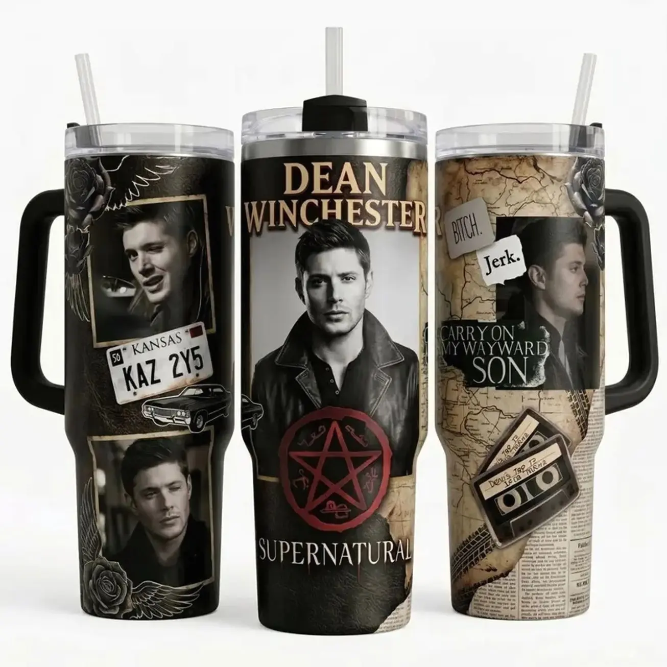 Supernatural Dean Winchester 40oz Tumbler – Vintage Hunter Style Stainless Steel Travel Mug with Handle