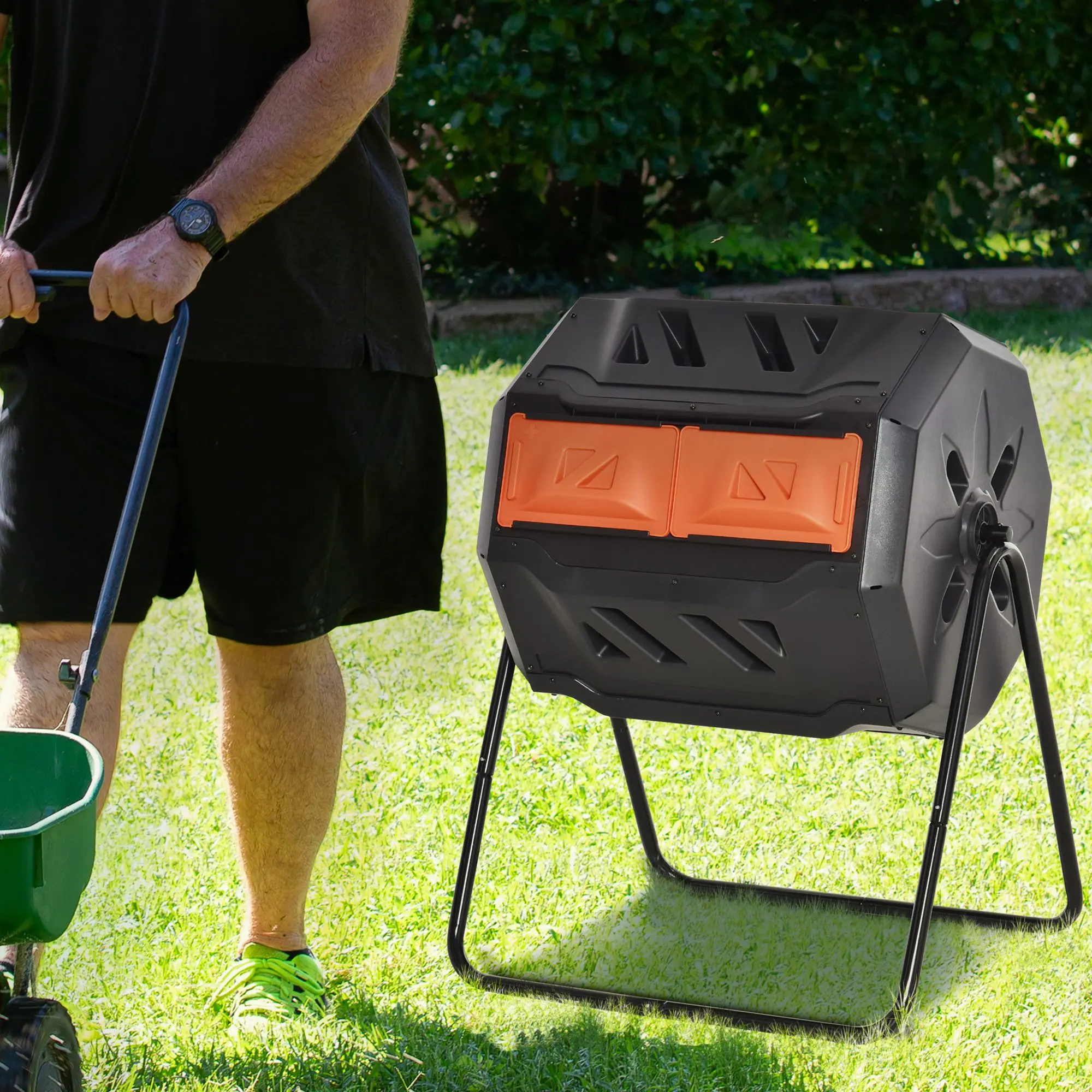 Outsunny Tumbling Compost Bin Outdoor 360° Dual Chamber Rotating Composter 43 Gallon