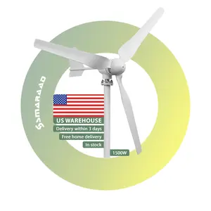 SMARAAD Horizontal Wind Generator 1500W 12V 24V Low Noise 3 Rotor Blades Cast Aluminum Alloy Housing US Warehouse Household Turbine with Free MPPT Controller