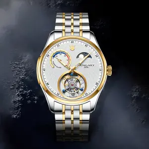 Waterproof Men Automatic Watch, Classic Round Polished Two-Tone Steel Case, Intricate Wave Guilloche White Dial with Moon Phase Display, Power Reserve Meter & Central Hollow Tourbillon Skeleton Window