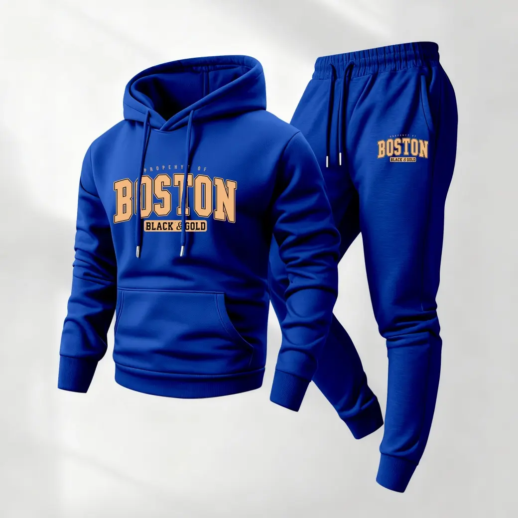 Men's 2-Piece Boston Print Tracksuit - Matched Hoodie+Pant, Long Sleeve Casual Workout Loungewear, Mensfashion Loose-Fitting Fitness Clothes for Gym