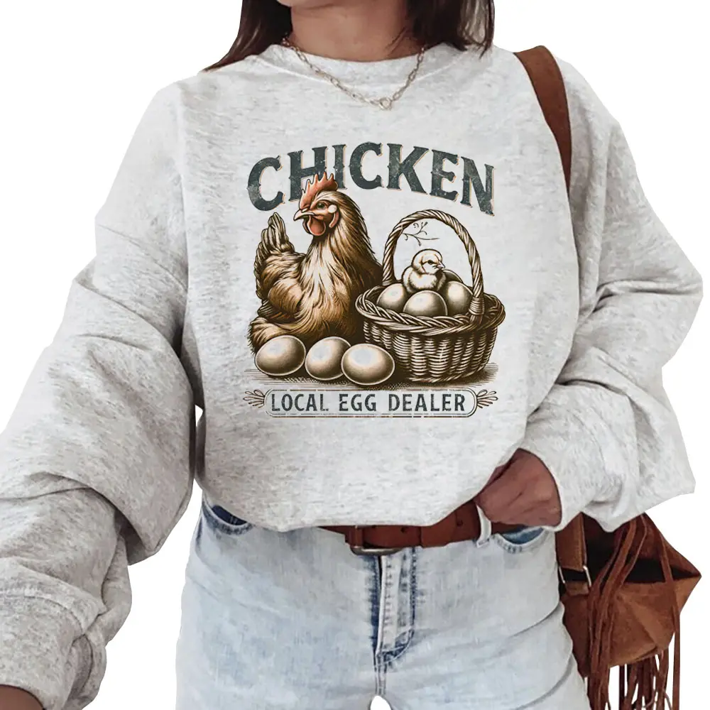 Women's Vintage Printed Chicken Local Egg Dealer Hoodie - Unisex Casual Long Sleeve Funny Cotton Farm Bird Country Pullover