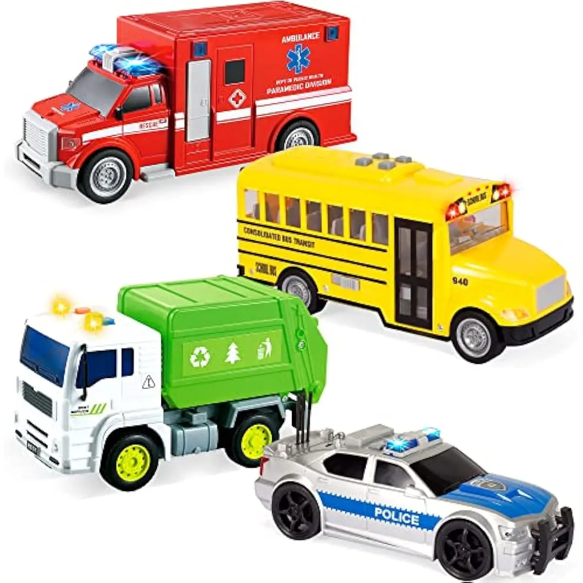 4 Pcs 7" Long Vehicle Toy Set, Toddlers Cars with Lights and Siren Sound, Including Play Police Car, School Bus, Garbage Truck, Ambulance, Birthday Party Gifts Toys for Boys 3-5