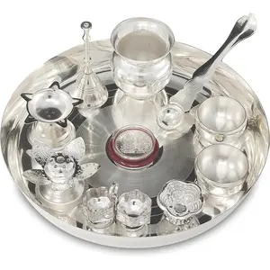 Silver Plated 8 Inch Pooja Thali Set with Plate Kalash Bowl Agarbatti Stand Palli Diya Kumkum Stand Coin Puja Thali for Diwali Home Mandir Office Wedding Return Gift Items