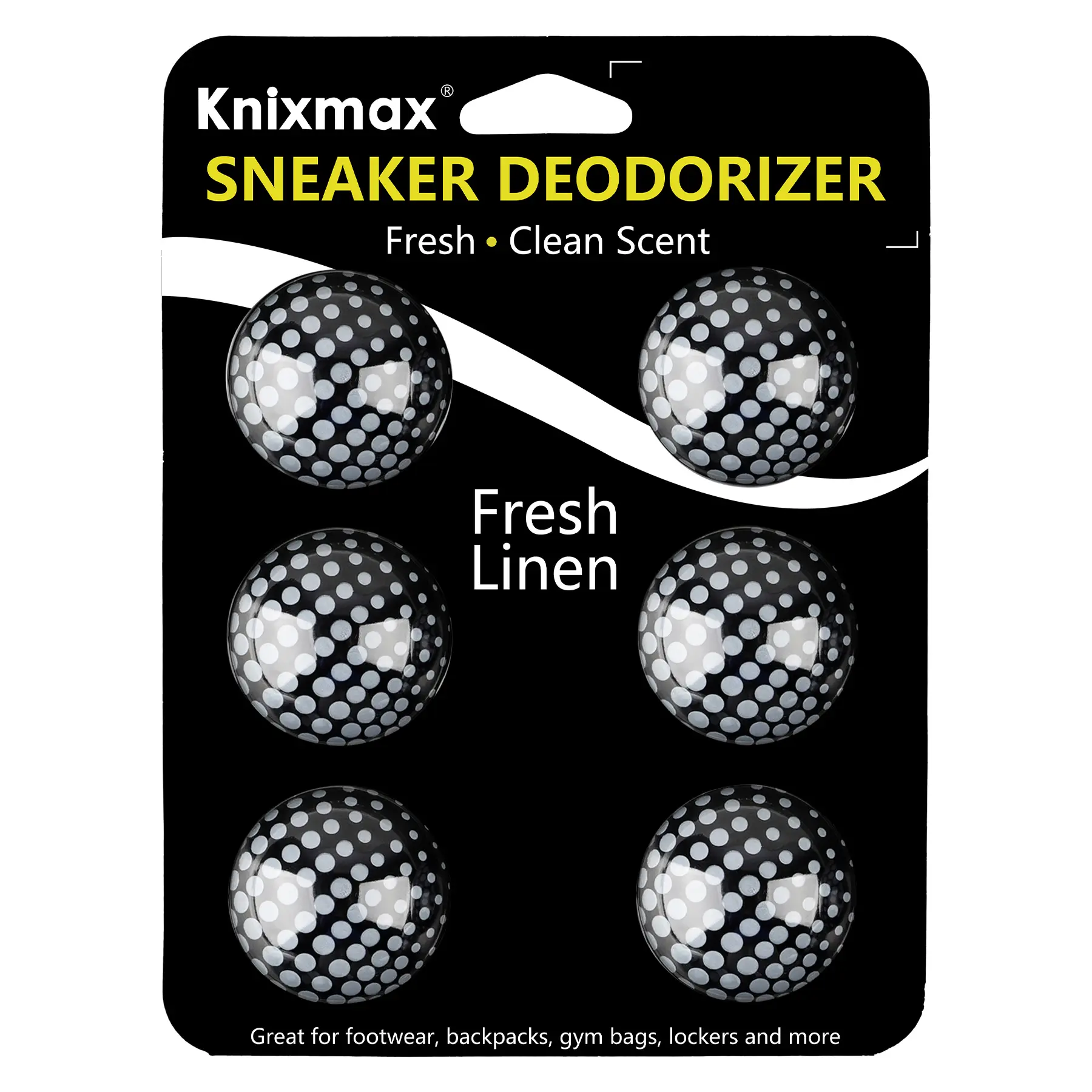 Knixmax Sneaker Deodorizer Balls - Footwear Odor Eliminator, Fresh Linen Scent, 6-Pack, Black White, for Shoes, Gym Gear Bags, Bedroom, Bridal