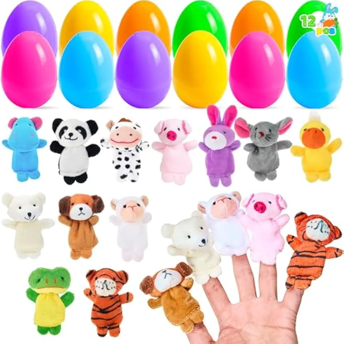 12pcs Prefilled Easter Eggs with Toys, Plastic Eggs with Finger Puppets, Basket Stuffers for Toddlers & Babies, Easter Theme Party Favors