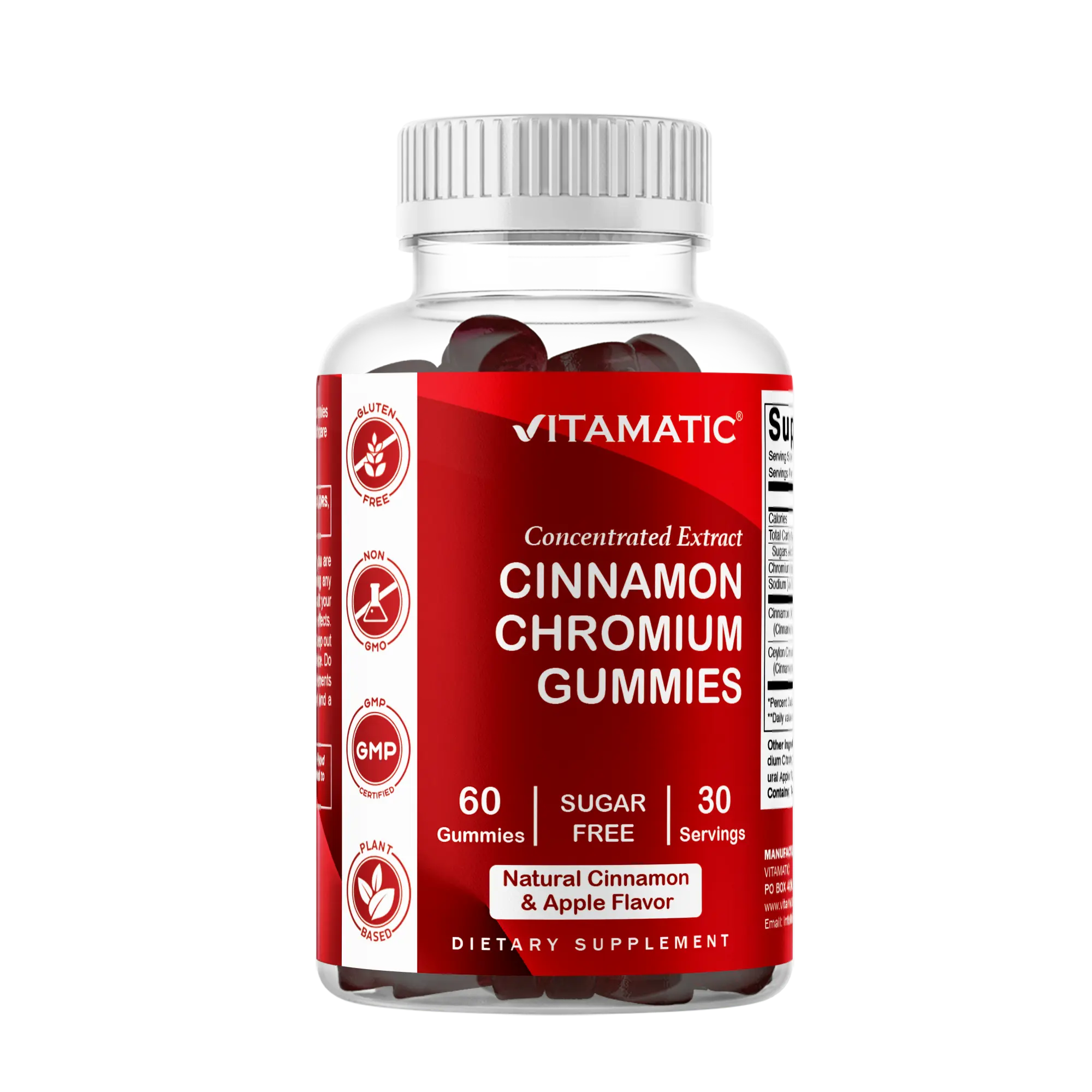 Vitamatic Chewable Chromium & Ceylon Cinnamon Gummies - Sugar-Free, Vegan, Non-GMO, Gluten-Free - Metabolism Support, Energy Boost, Blood Pressure Control Dietary Supplement - 60 Gummies Plant-Based Botanical Extract