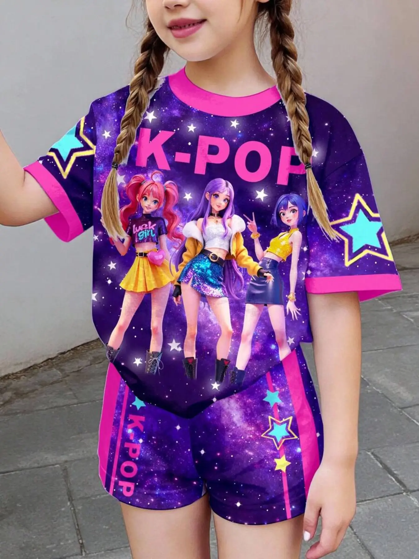 Kids' Starry Idol Set, Anime Girl Print, Short Sleeve and Shorts Two-Piece, Casual Outfit Set, Casual Slim-Fitting Suit, Summer Clothes Set