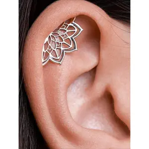 1Pc Silvery Metal Boho Helix Earring - Geometric Mandala Motif, Lotus Shape Hidden Cartilage Piercing Jewelry, High-Quality Pin Back Design, Daily Wear Spiritual Accessory, Unique Gift Option