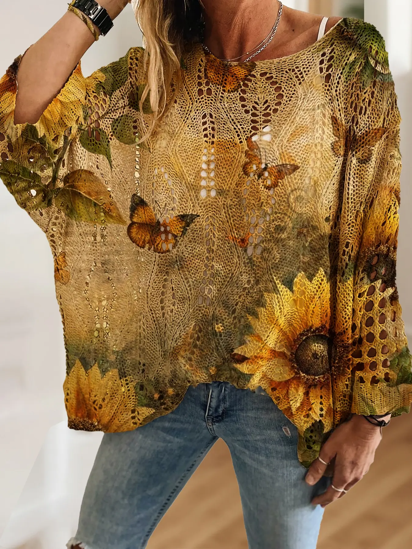 Women's Sunflower Floral Butterfly Print Long Sleeve Knit Hollow Out Top, Casual Elegant Aesthetic Vacation Style Sweater Knitwear, Comfortable Breathable Loose Fit