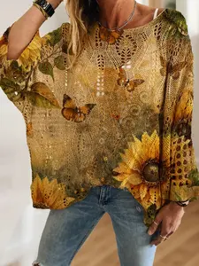 Women's Sunflower Floral Butterfly Print Long Sleeve Knit Hollow Out Top, Casual Elegant Aesthetic Vacation Style Sweater, Comfortable Breathable Loose Fit