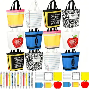 6/12 Pcs Back to School Teacher Gift Bags Canvas Tote Bags with Pencil Crayon Marble Notebook Apple Pattern Thank You Gift Handbags for Teacher Student,School Study Supplies,Welcome First Day of School Teacher Appreciation Class Rewards Graduation Gift