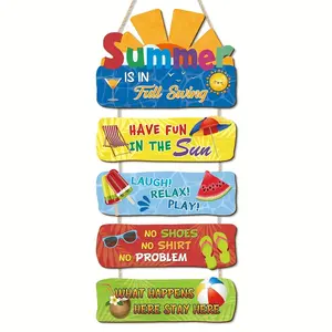 5-Piece Wooden Summer Home Decor Set, Colorful Beach Sandal Sign Wall Hanging, Vintage Sunlight Watermelon Cocktail Ice Pop Door Decoration