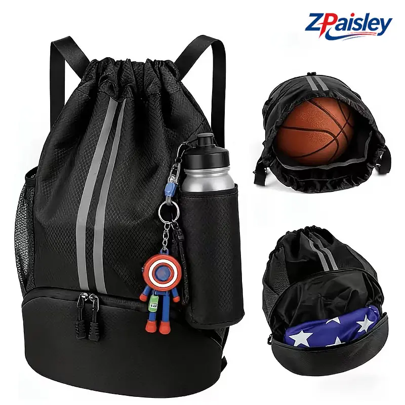 Drawstring Backpack Gym Bag with Shoes Compartment, Black | Water-Resistant String Backpack for Soccer, Basketball, Swim, Beach Cinch for Women Men, 22 L Large Capacity, Wet Pocket (Bag Only)