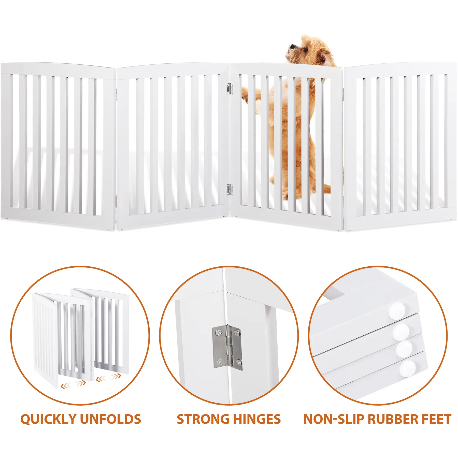 Segawe 4-Panel Foldable & Freestanding Enclosed Home Pet Gate - Solid MDF Frame Entryway Dog Fence, 2.7" Thin Profile, 82" Expand Fit, 8 Protectors, 20.4"(L)x24"(W)x0.7"(H), 22.1 lbs, No Assembly Required, Easy Storage, Durable, Easy to Clean, White, Fold