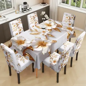 2/5/7PCS restaurant chair tablecloth cover, light luxury modern gold leaf floral pattern print, elastic polyester fiber sliding cover, Dining Chair Cover, sewn closed, detachable cleaning, suitable for home, office, hotel chair decoration