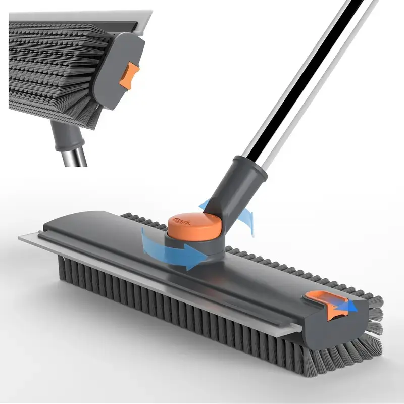 3-in-1 Rotating Long-Handled Floor Scrub Brush with Silicone Squeegee Blade - Functional Stainless Steel Adjustable Handle, Multi-Angle Rotation, ABS Multi-Surface 3-in-1 Tool for Households’ Indoor/Outdoor Tile, Glass Cleaning, Silicone Blade