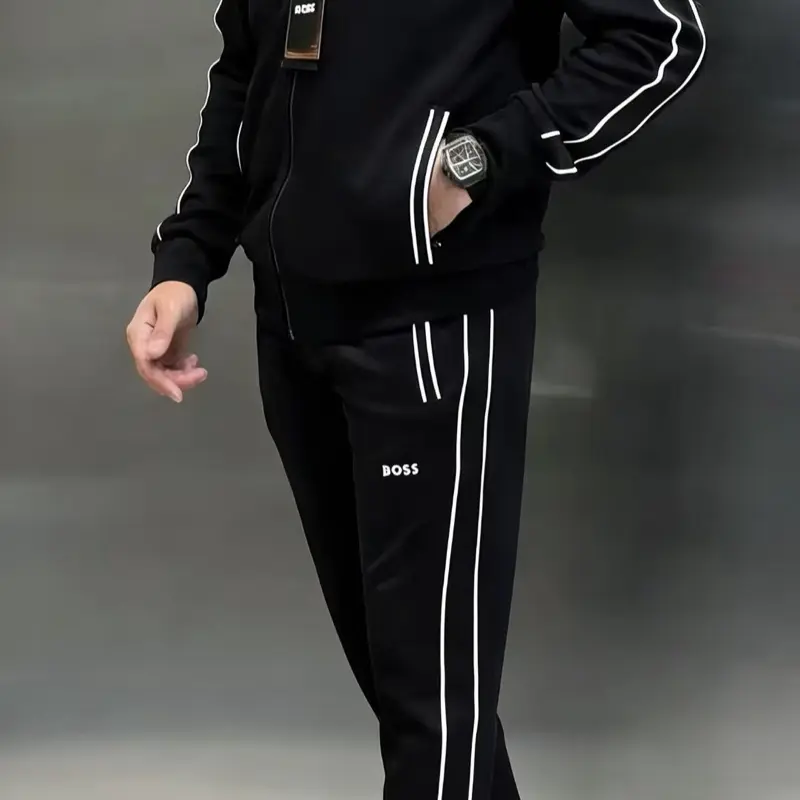 BOSS Men's Tracksuit with White Stripes and Logo Detailing for Comfortable Wear