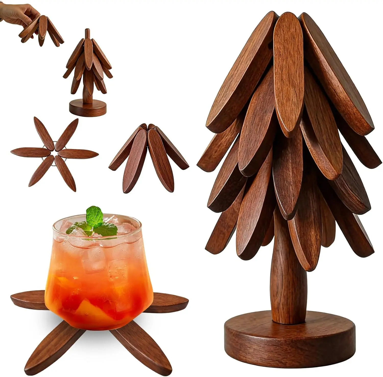 Wooden Trivets for Hot Dishes - Rustic 22cm Tree Shape Tableware Set, 5 Pieces (4 Coasters + 1 Walnut Foldable Stand), Hot Plate Holder for Pots, Pans, Bowls