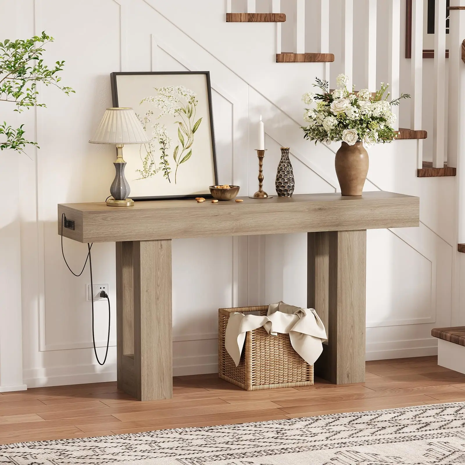 YJ-Garvee 63 Inch Console Table with Power Outlet, USB & Type-C Ports, Extra Long Narrow Sofa Table for Entryway or Hallway, Ideal for Living Room, Available in Gray, Rustic Brown,  Black&Dark gray and dark brown
