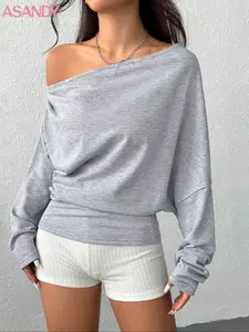 Women's Asymmetrical Shoulder Long Sleeve Knit Top, Casual Fashion Essential Fitted Blouse for Spring & Fall, Ladies' Stylish Daily Wear Clothing