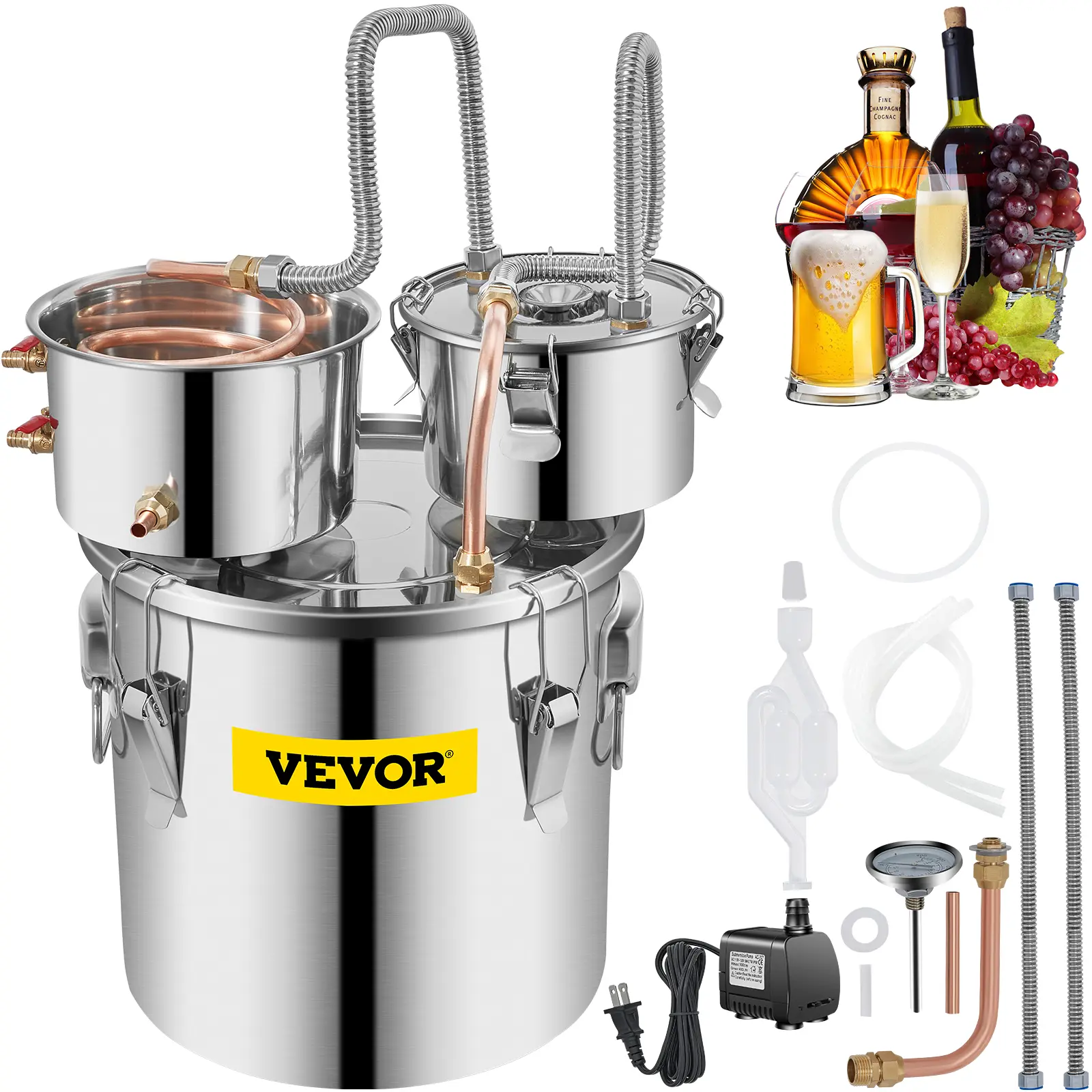【summerfinds】VEVOR Alcohol Still, 5 Gallon, Stainless Steel Alcohol Distiller with Copper Tube & Build-in Thermometer & Water Pump, Double Thumper Keg Home Brewing Kit, for DIY Whiskey Wine Brandy