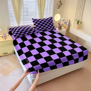 3Pcs Checkered & Geometric Fitted Sheet Set, Trendy Retro Style Bed Sheet Set, Soft Comfy Bedding Sheet, Soft Wrinkle-Free Microfiber, Fade-Resistant Digital Print, Deep Pocket Design, Easy Care, Perfect for Bedroom Guest Room Dorm Decor, All-Season Use