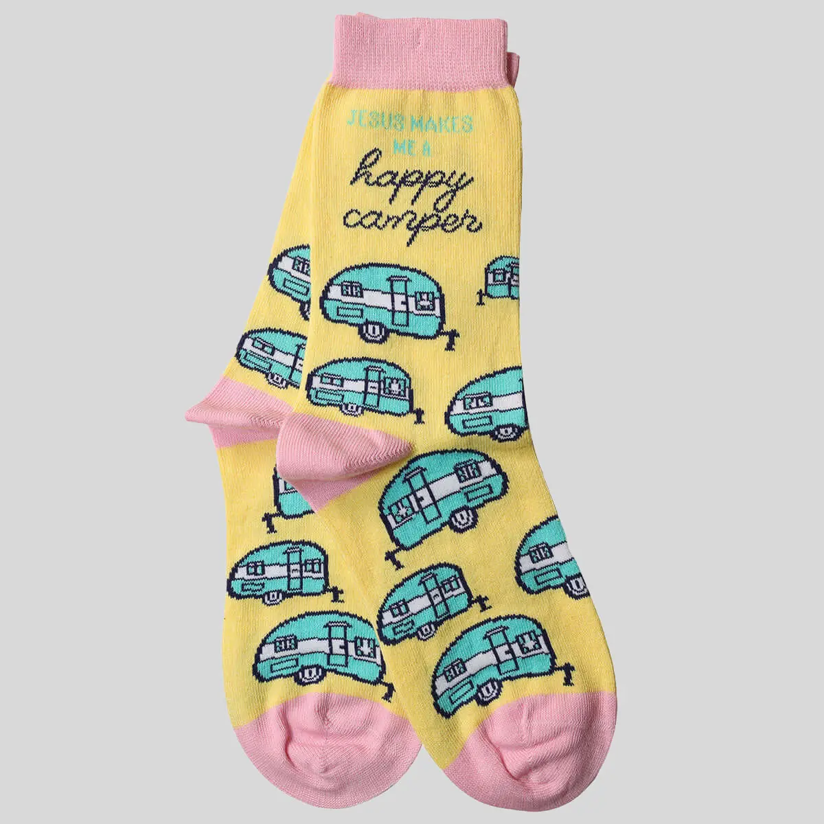 Women's Vintage Cotton-Poly Elastane Blend Socks - Breathable, Faithful Print, Vintage Turquoise Campers Design, Unisex Fit for Most Women's Shoe Sizes, Heart, Light, Happy Camper, Ladies, Polyamide, Religious, Cold Wash, Do Not Bleach, One Size Fits Most