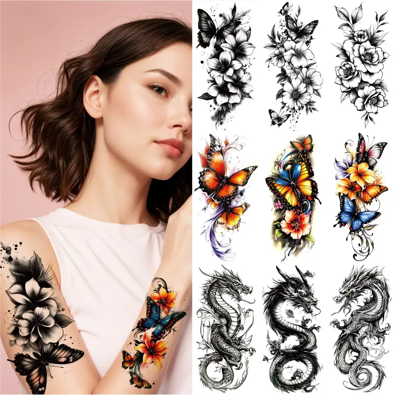104-Sheet Large-Size Pre-Packaged Temporary Tattoo Kit, Assorted Temporary Tattoos with Colorful Butterflies, Black-White Sketches, Flowers, Dragonflies for Arms, Pre-Packaged Temporary Tattoos