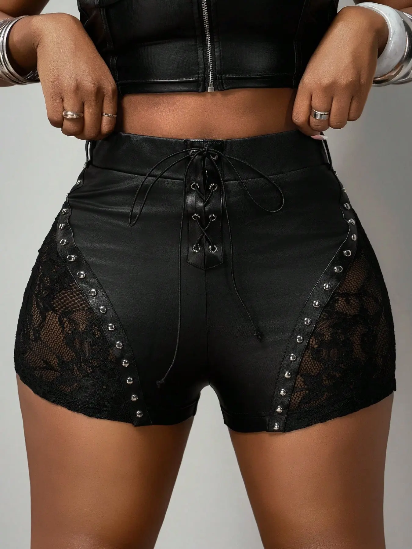 Women's Leather Lace Shorts, Gothic Punk Style, Chic, High Waist, Adjustable Buckle Straps, Mesh Design, Perfect for Night Out, Trendy Streetwear, Fit Bottom