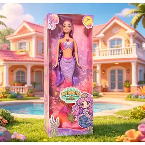 New style mermaid doll with long colorful hair, a fish toy featuring music and light effects. Fast delivery, ideal as a birthday gift for kids and perfect for fun handmade play.