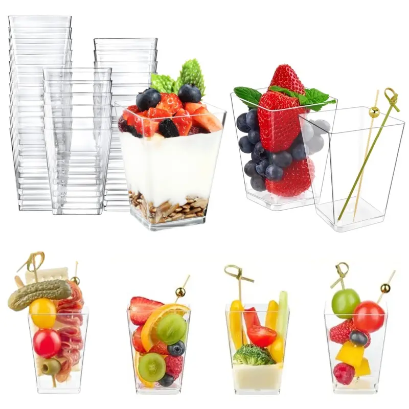 50pcs Disposable 5oz Clear Square Appetizer Cups with Decorative Bamboo Picks, Mini Plastic Charcuterie Parfait Cups for Desserts, Fruit, Snacks, Wedding and Holiday Party Supplies