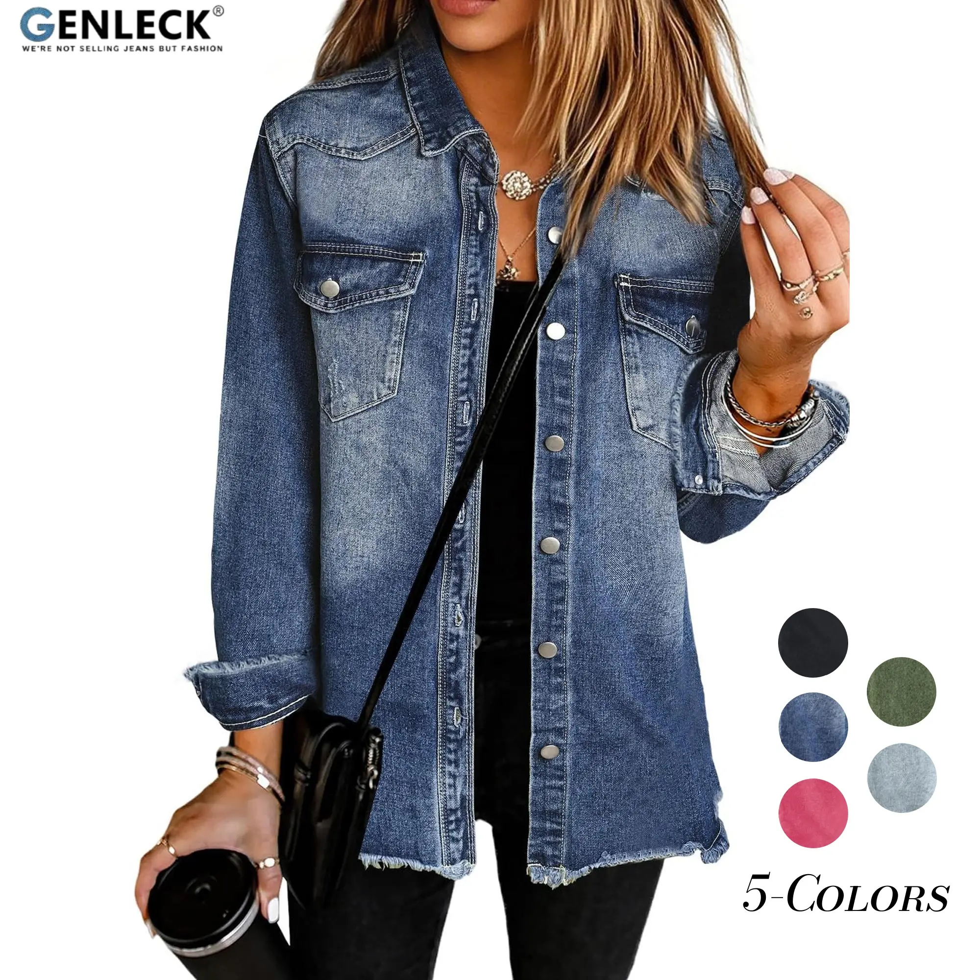 Genleck Denim Jacket Women's Oversized Denim Shacket – Frayed Hem, Lightweight Premium Cotton Blend, Layering Piece