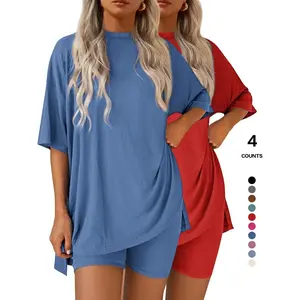 Women's Summer Two-Piece Set Casual Oversized Crewneck Split Hem Shirts & Side Pocket Biker Shorts Minimalist Lounge Wear Soft Viscose Fabric Comfy Homewear Cozy Pjs