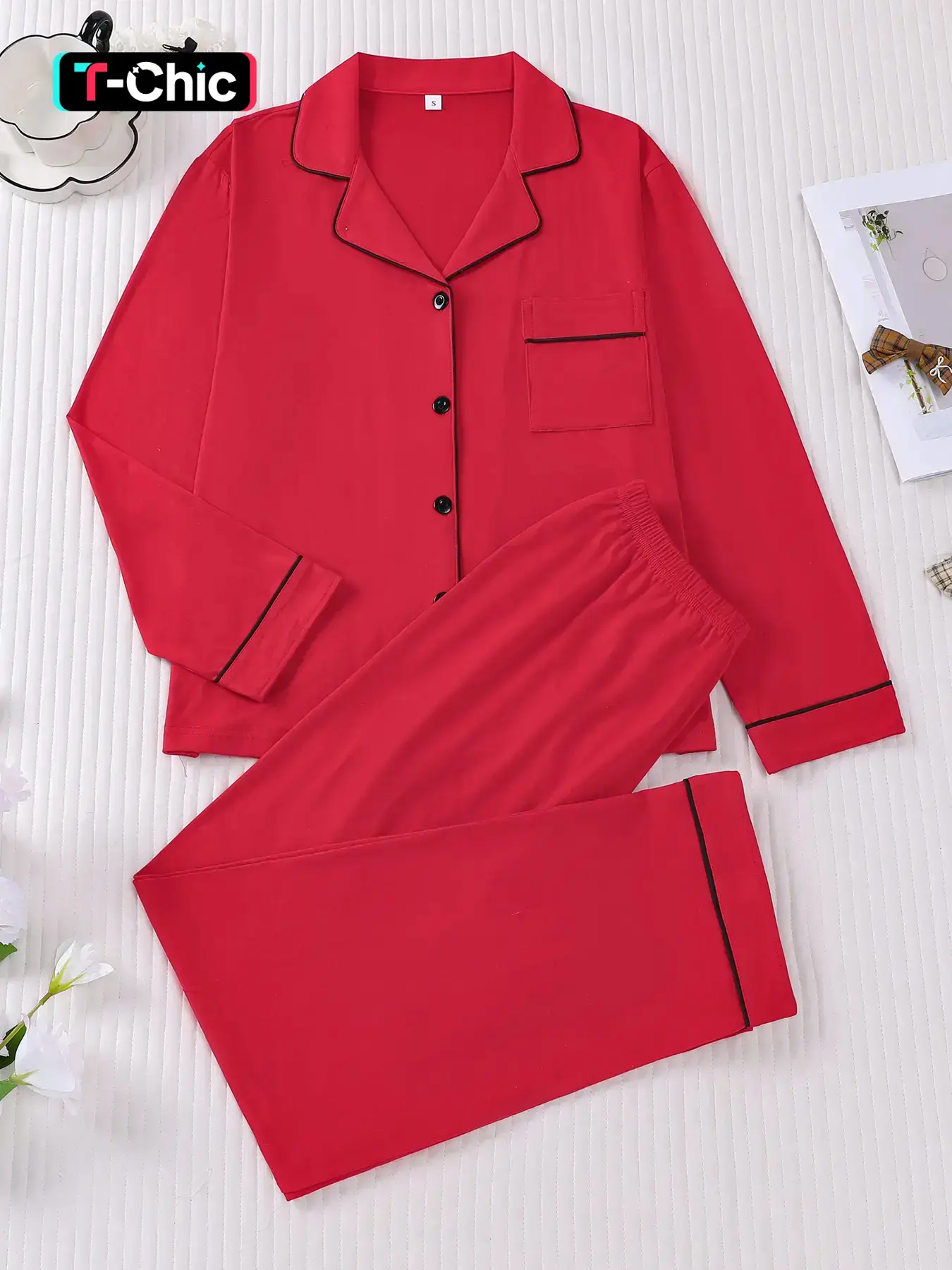 Women's Soft Comfortable Knitted Fabric Long Sleeve Top & Pants Set, Collared, Fit, Elastic Waistband, Small Pockets, Button Closure, Casual Style Home Wear, Loungewear, Clothes, Outfit