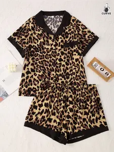 Plus Size Women's Bubble Pleated Homeewear Leopard Print Short Sleeve Shorts Open Front Sleepwear Set, Pajama Set, Sleep Pajamas Shorts, Wearable Outdoors