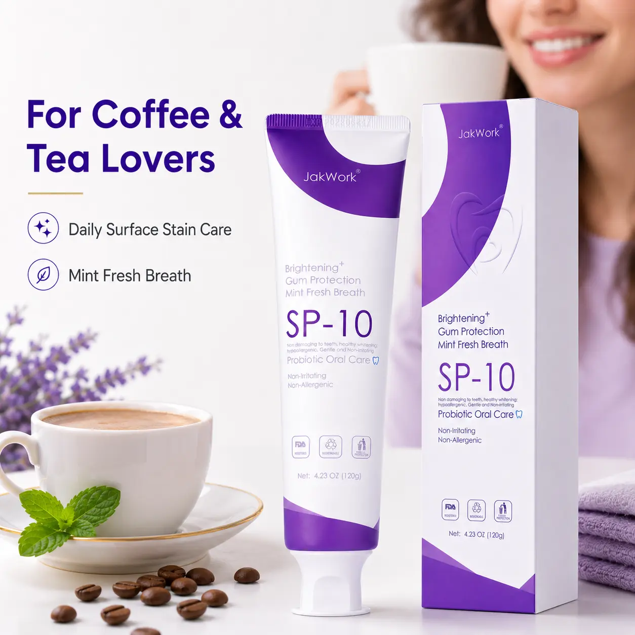 Made for Coffee & Tea Lovers Daily Surface Stain Care • Fresh Mint Breath SP-10 Probiotic Fluoride-Free Toothpaste for Coffee & Tea Surface Stains, Fresh Mint Daily Oral Care, 120g