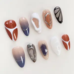3D Silver Chrome Press On Nails, Abstract Line Art Almond Nail Set, Metallic Mirror Fake Nails, Trendy Reusable Y2K Nail Design, Handmade Glossy Party Nails Gift